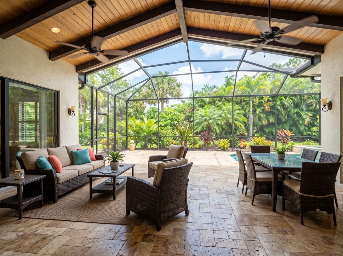 Screened lanai with travertine tile flooring and ceiling fans