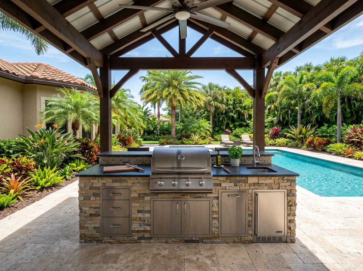 Outdoor kitchen addition with a built-in grill and natural stone counter