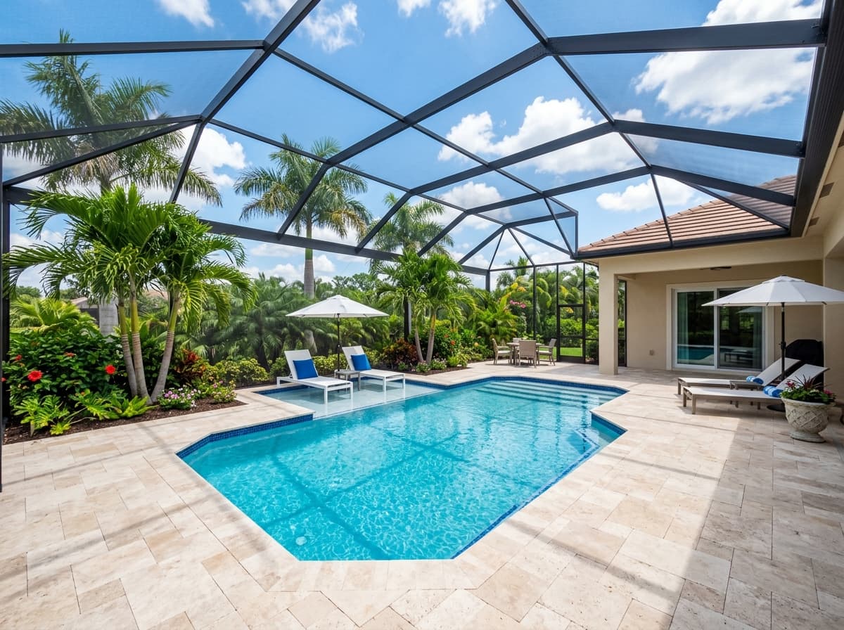 Backyard pool surrounded by a new travertine paver patio and landscaping