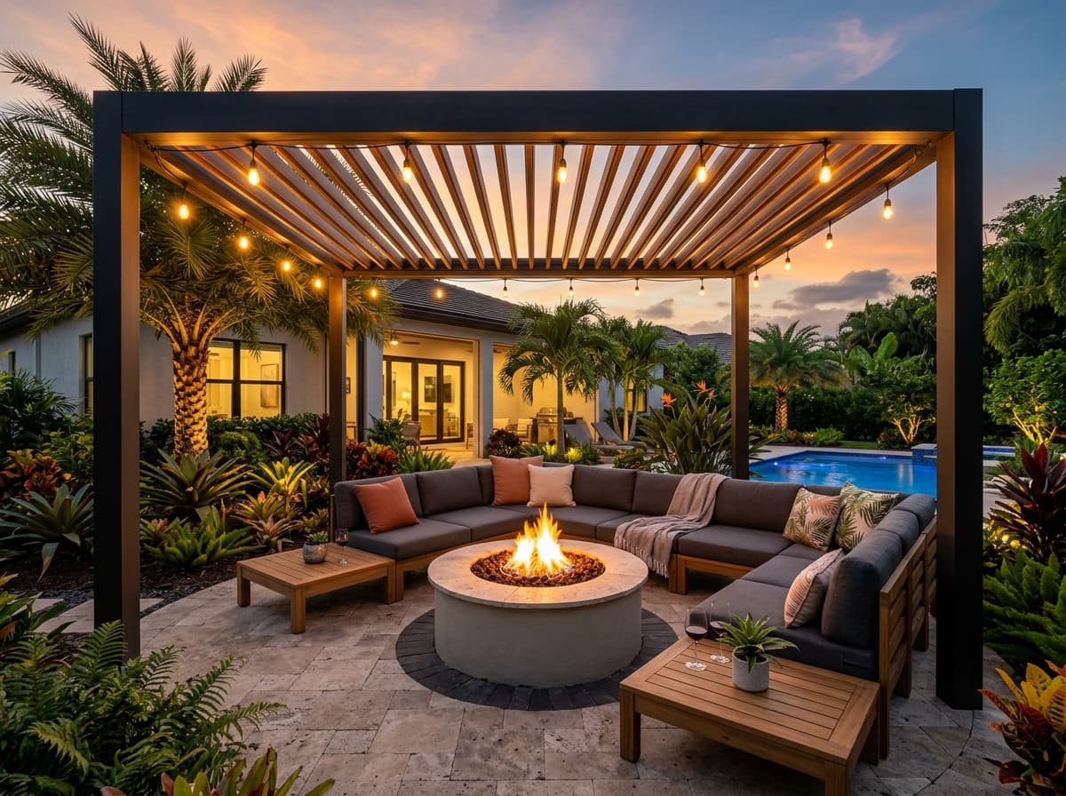Outdoor entertainment area with a modern pergola and built-in fire pit