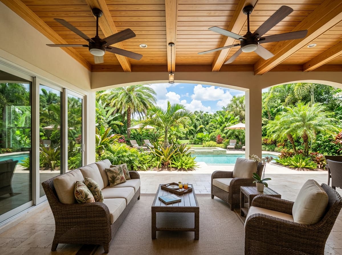 Covered back porch with tongue-and-groove ceiling and large ceiling fans