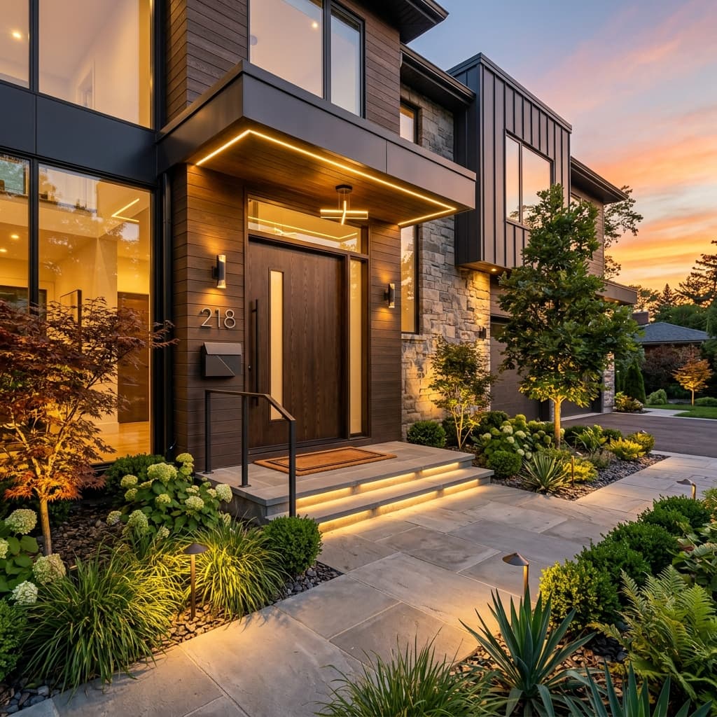 Home front entry with a new impact door and updated landscape lighting