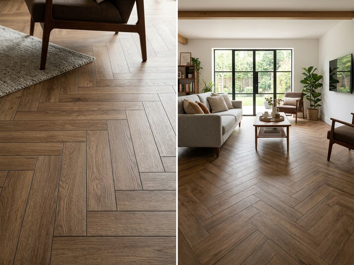 Herringbone-pattern wood-look tile flowing through an open living area