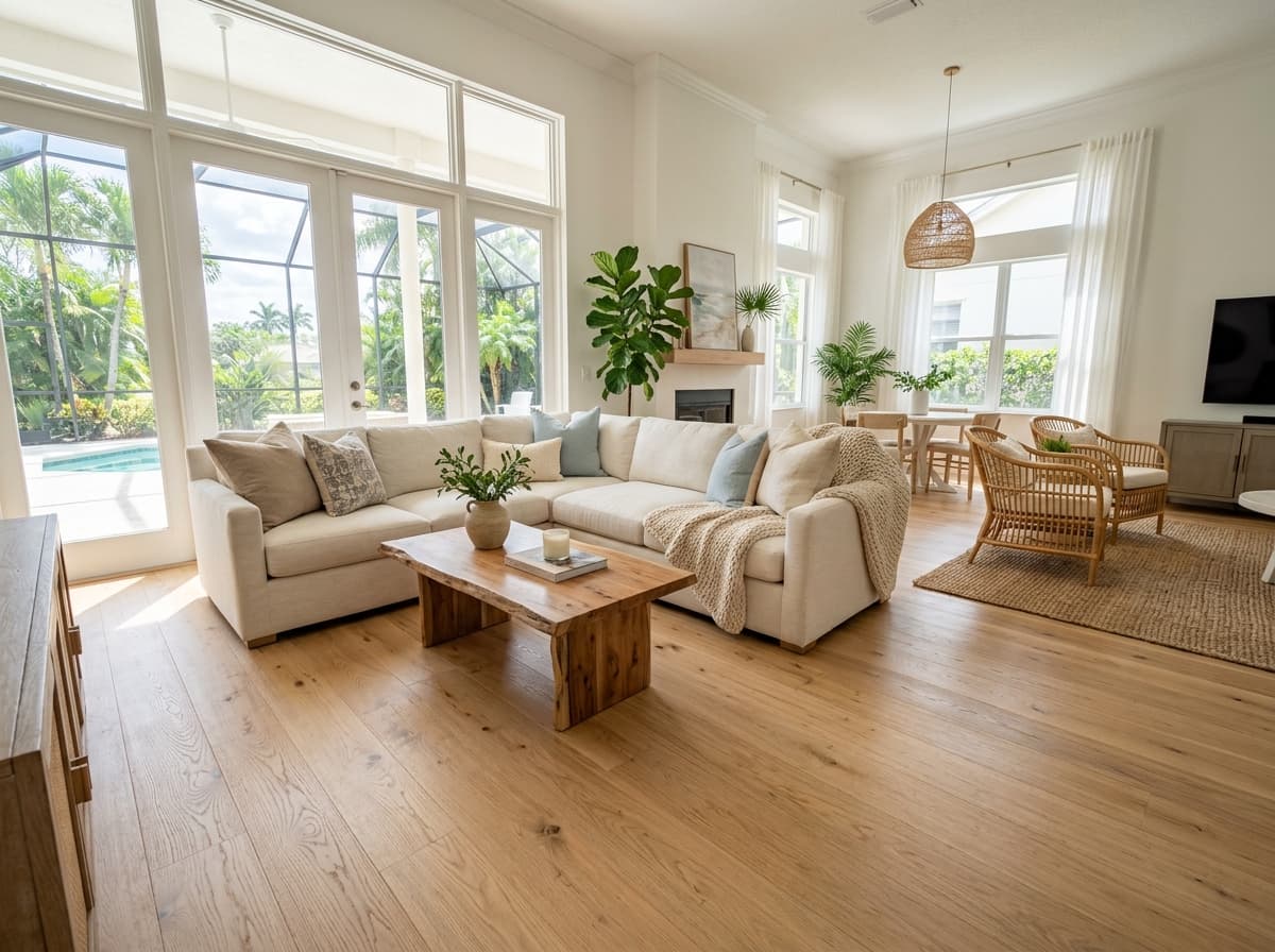 Natural oak hardwood floor refinished to a light matte finish
