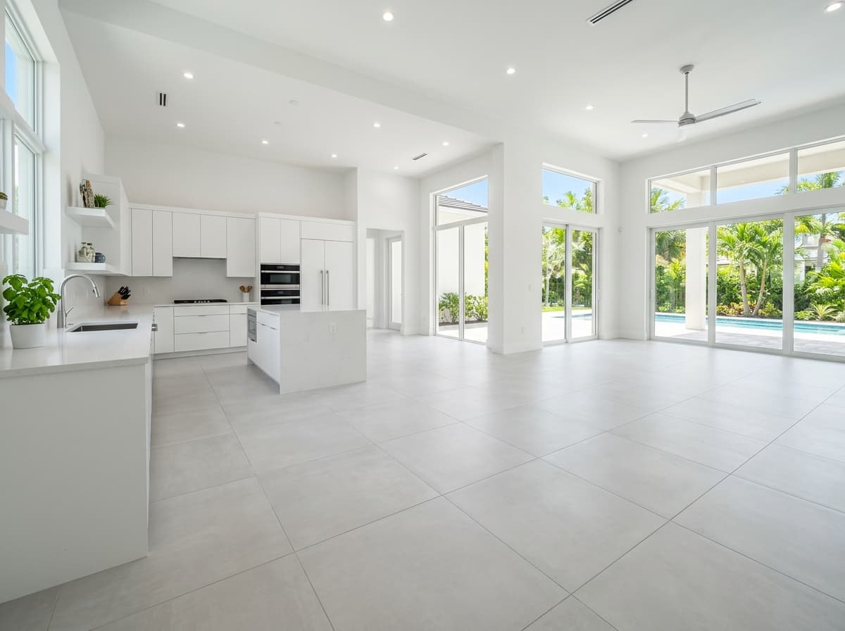 Continuous large-format tile installation spanning kitchen and living room