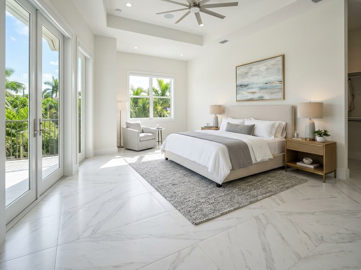 Marble-look porcelain tile installed in a primary bedroom suite