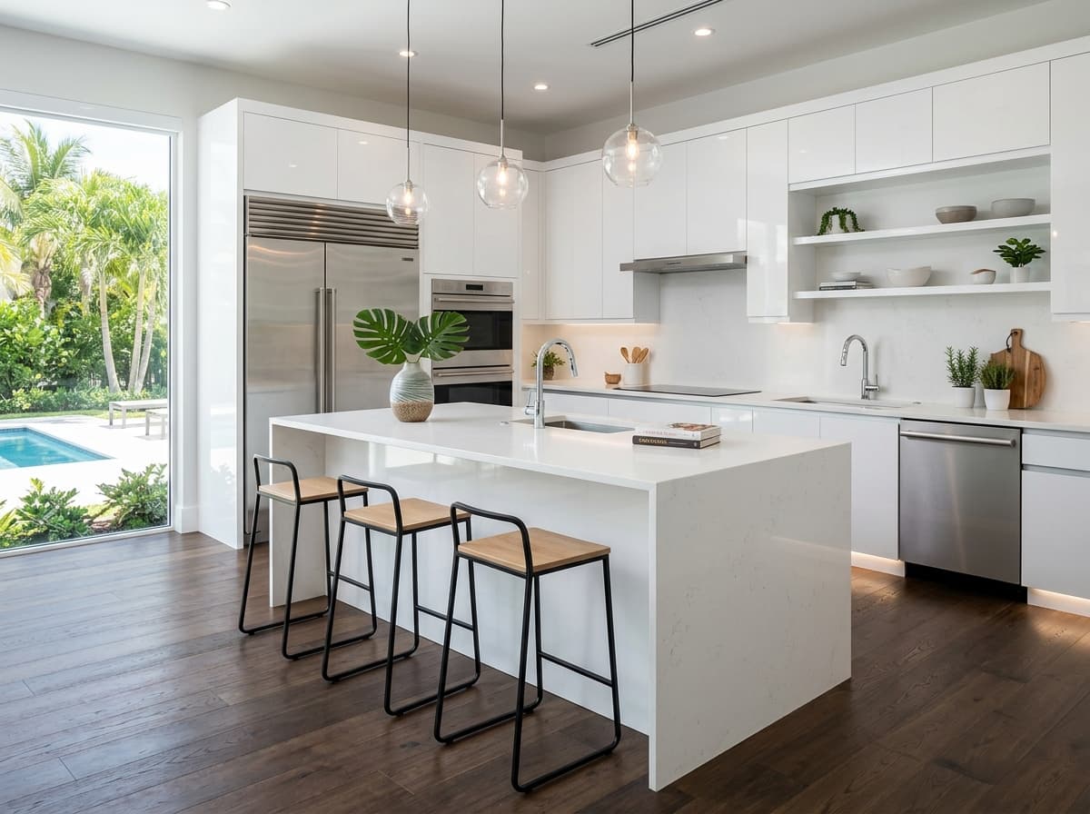 High-gloss white kitchen with waterfall island and bar stools