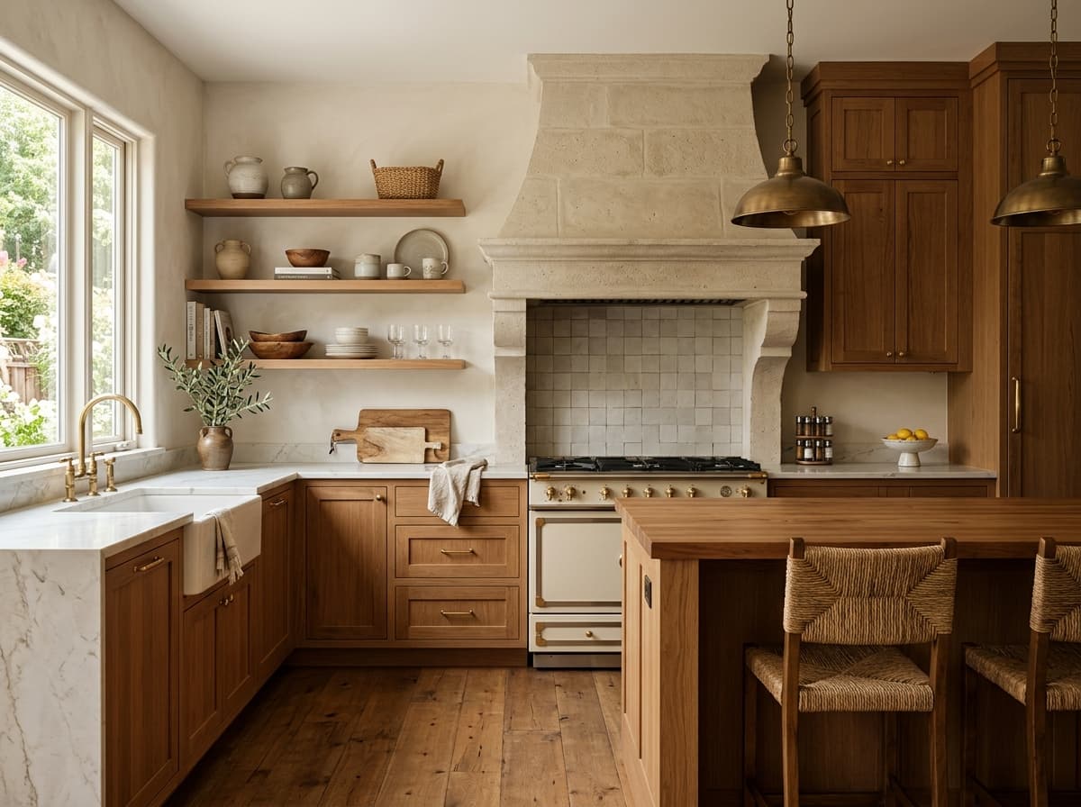 Warm wood kitchen with a custom stone range hood and open shelving