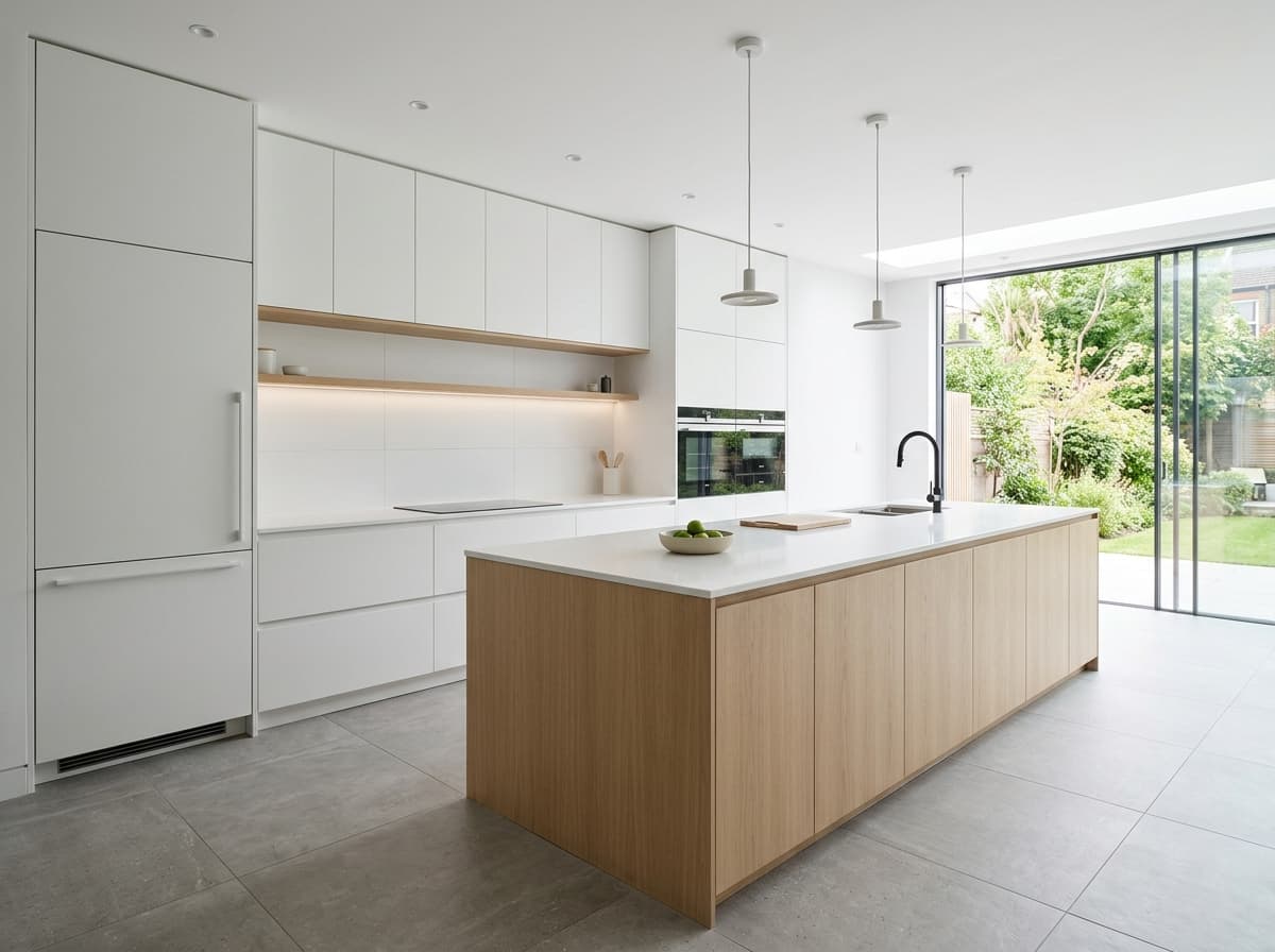 Minimal handle-free kitchen with integrated appliance panels