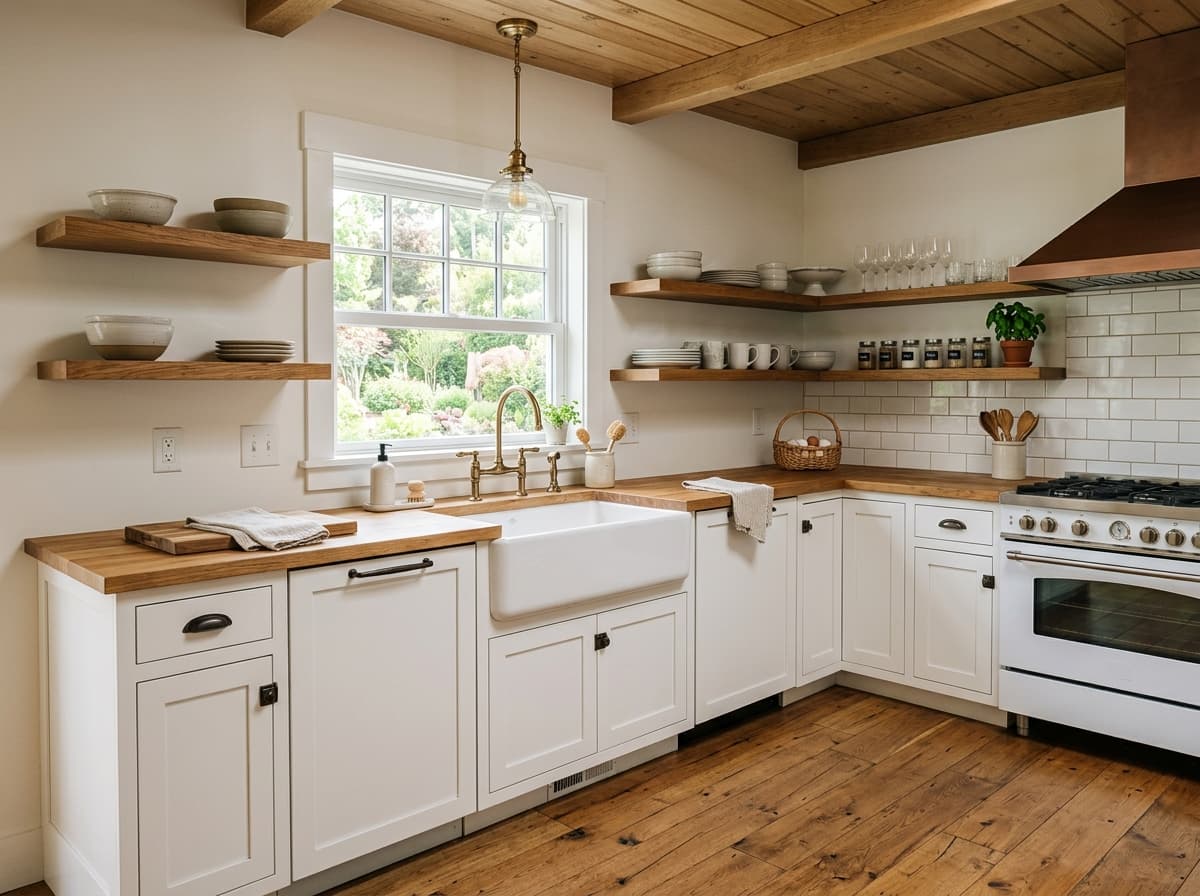 Farmhouse kitchen with open wood shelving and a fireclay sink