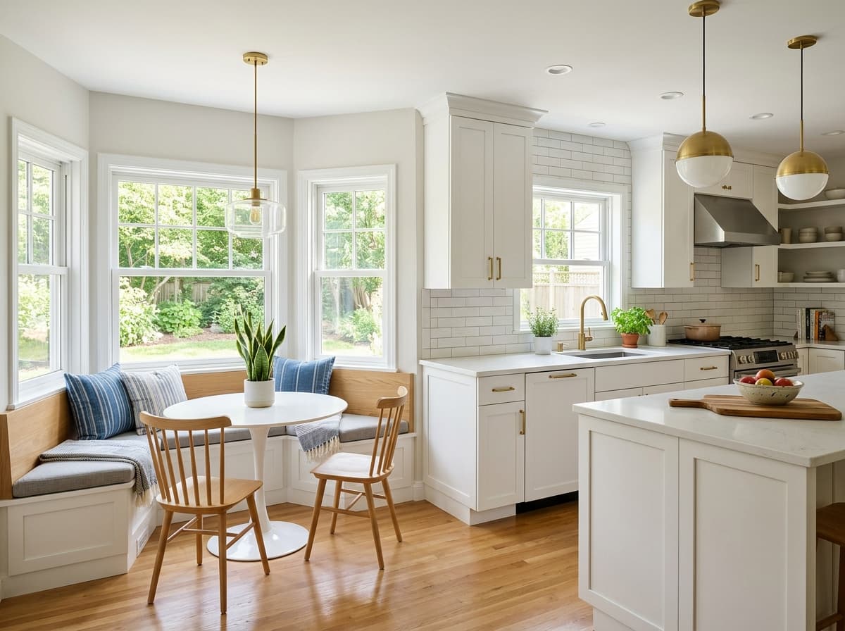 L-shaped kitchen remodel with a bright breakfast nook window seat