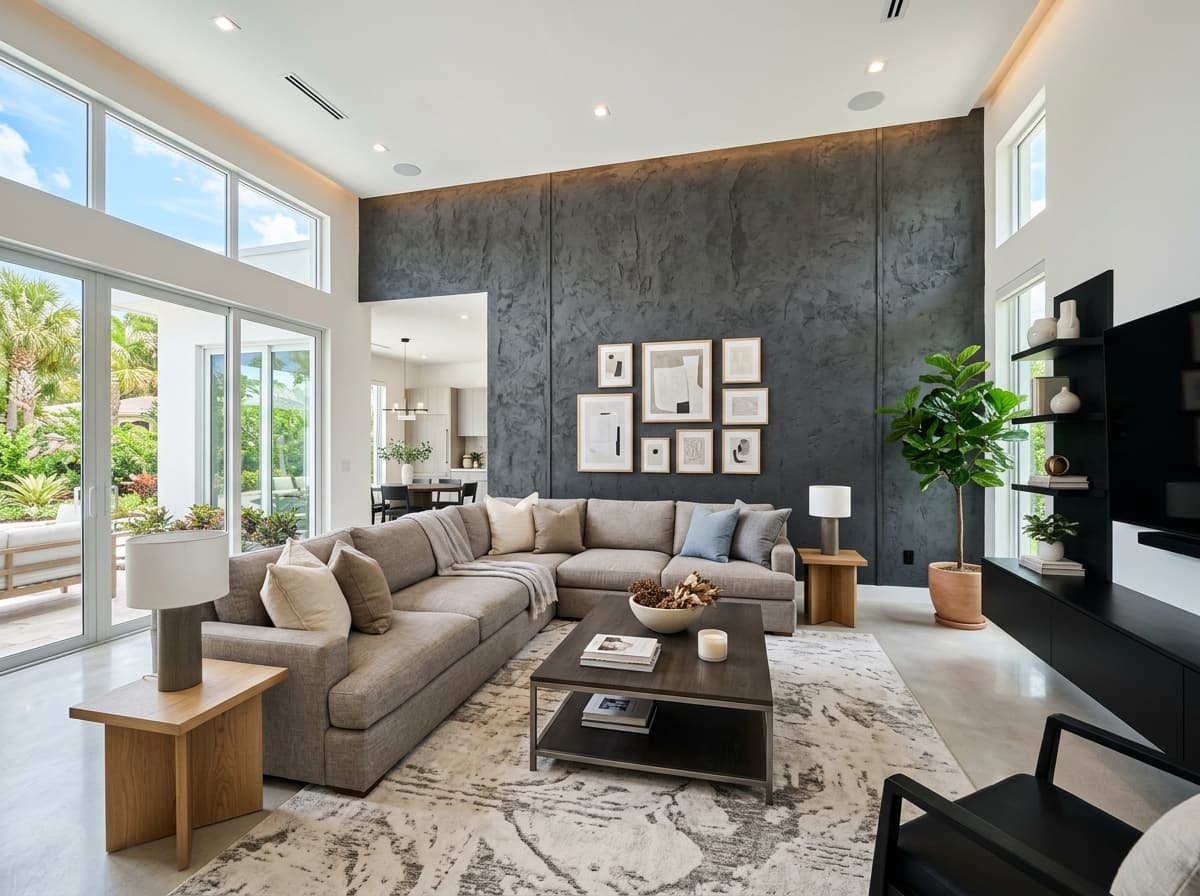 Contemporary living room featuring a textured accent wall and sectional sofa