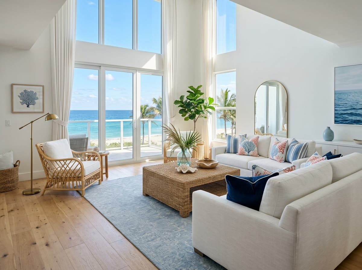 Coastal-style living room with white oak floors and natural linen furniture