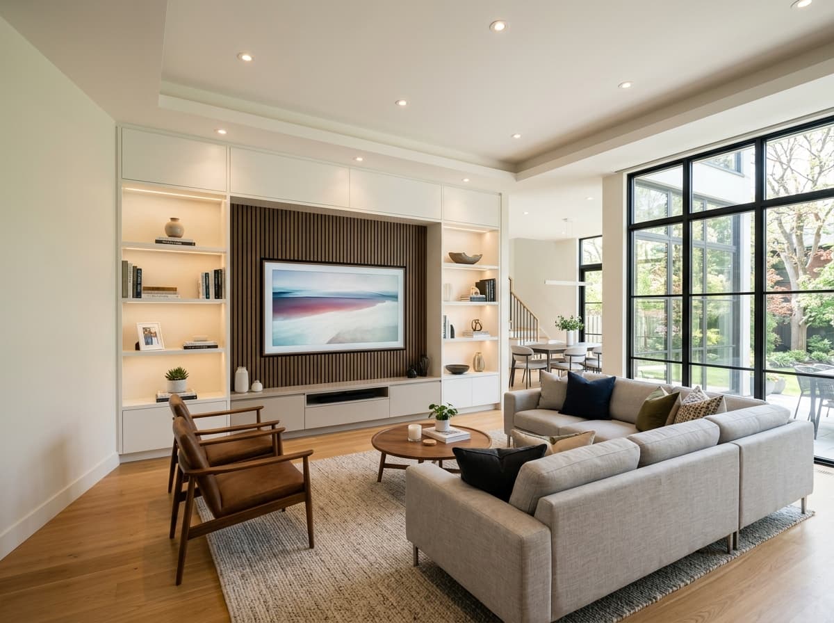 Home entertainment room with a custom built-in media wall and ambient lighting