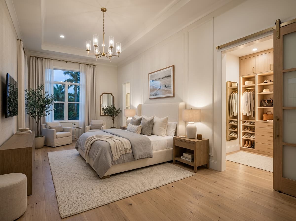 New master bedroom suite with vaulted ceiling and an attached walk-in closet